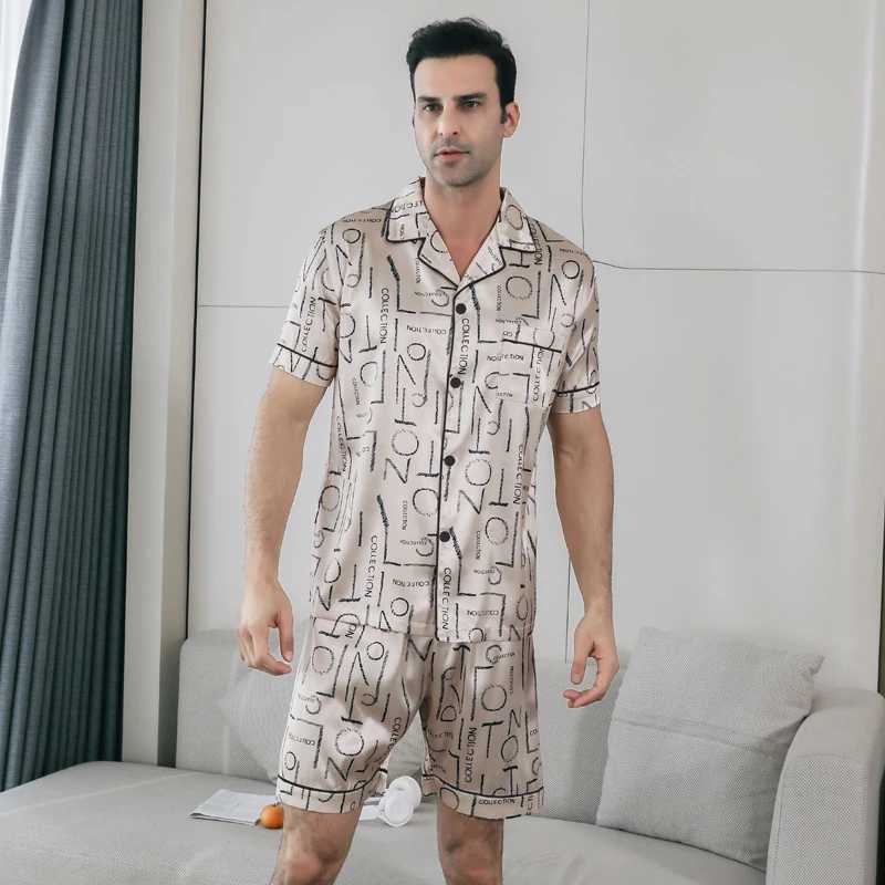 2-piece pajama mens summer short sleeved shorts with ice silk thin letter print lapel cardigan sleepwear home suit Y240913