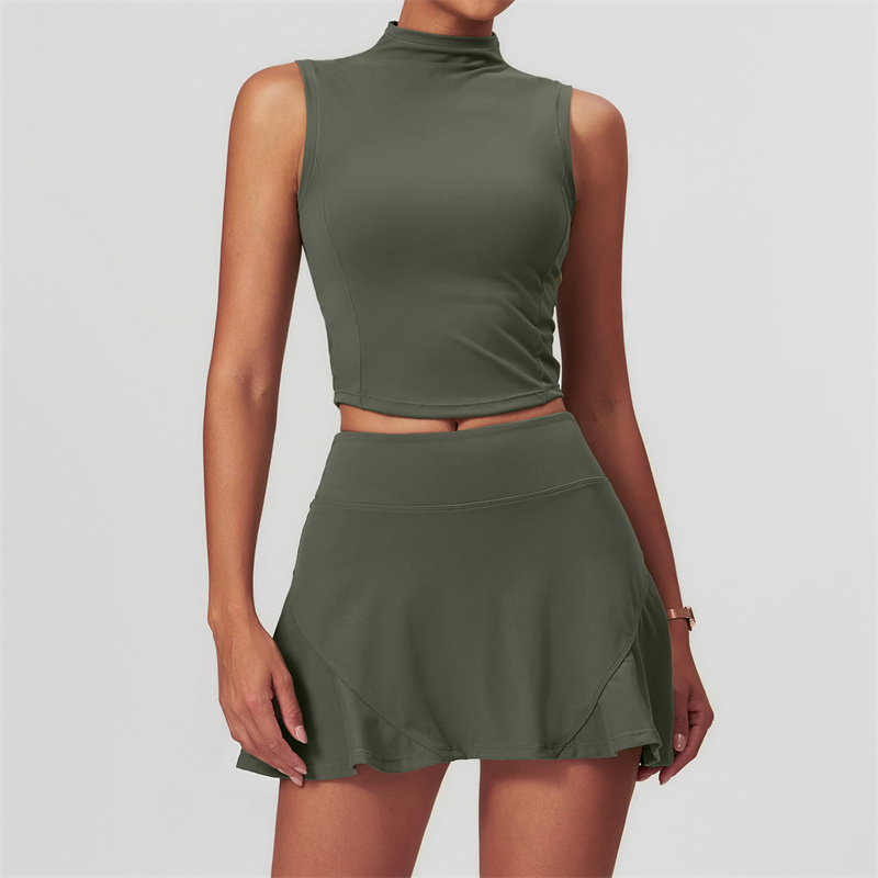 Women s Two-piece Yoga Set Skirt Vest Tennis Sports Running Tight Skirt Elastic High Waist Sports Slimming Sleeveless Top
