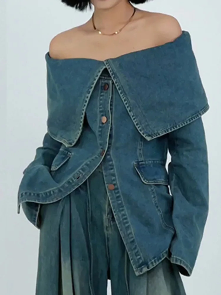 IEQJ sloping neck shoulder patch work denim jacket womens long sleeved single chest Vasilit blue jacket autumn 29L253 240906