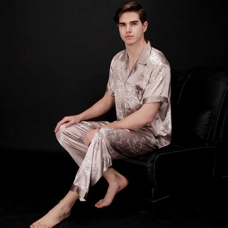 SSH021 Autumn Summer Loungewear Short Sleeves Long Pants Pajama Set Men Printed Satin Silk Pyjamas Male Pajamas Pijama Sleepwear Y240913