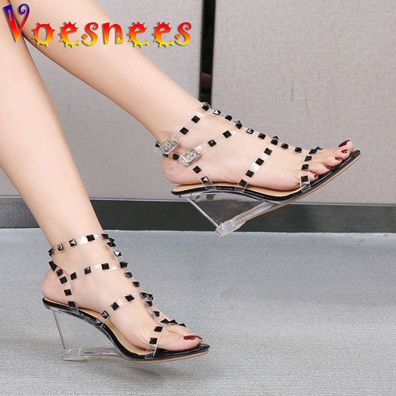 Voesnees 2021 Summer New Devise Studded Rivet Women Shoes PVC Transparent Wedges Sandals 8CM Crystal High Heel Shoes Size 34-41