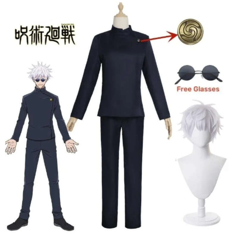 Jujutsu Kaisen Black Gojo Satoru Cosplay Costume Eye Patch Wigs Glasses Anime Halloween Party Men Kids Uniforms