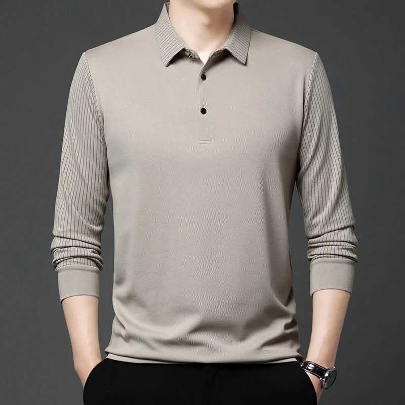Mens casual solid color long sleeved polo shirt fashionable solid color lapel top W240913