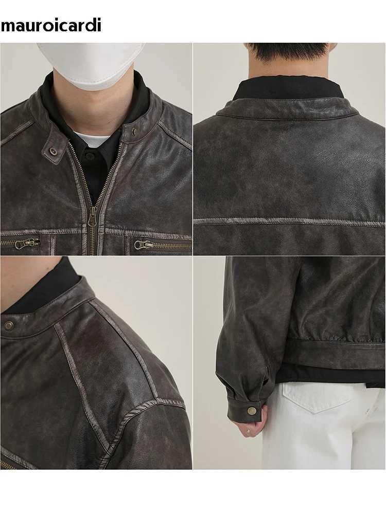 Mauroicardi Spring Autumn Short Vintage Cool Distressed Washed Pu Leather Moto Biker Jacket Men Zipper Luxury Designer ClothesX240913