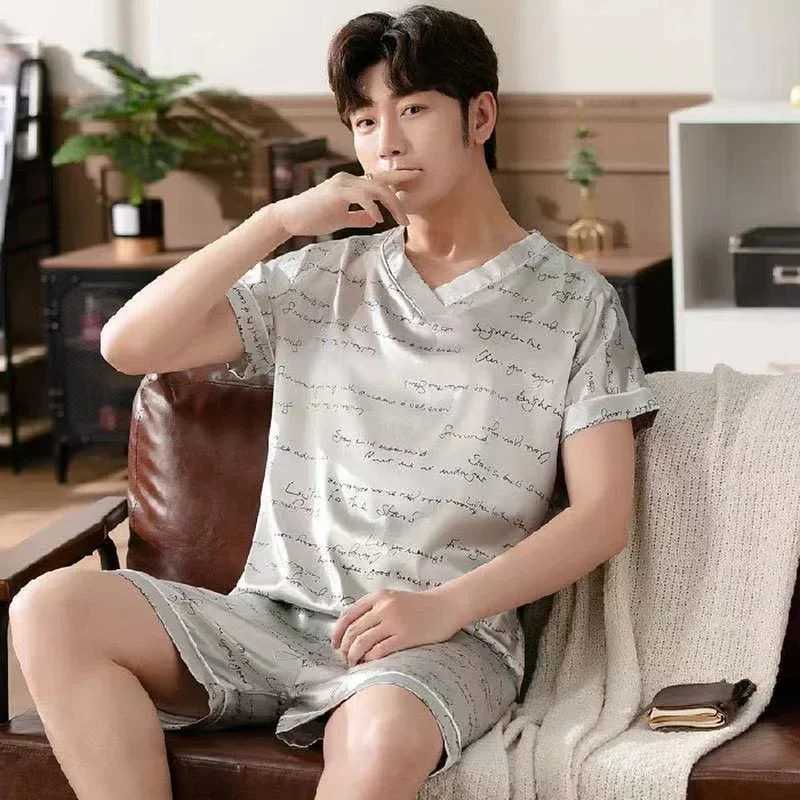 Ice Silk Pajamas Mens Summer Short-sleeved Thin Simulation Silk Pyjamas Casual Large Size Home Wear Sleepwear 2-piece Set Y240913