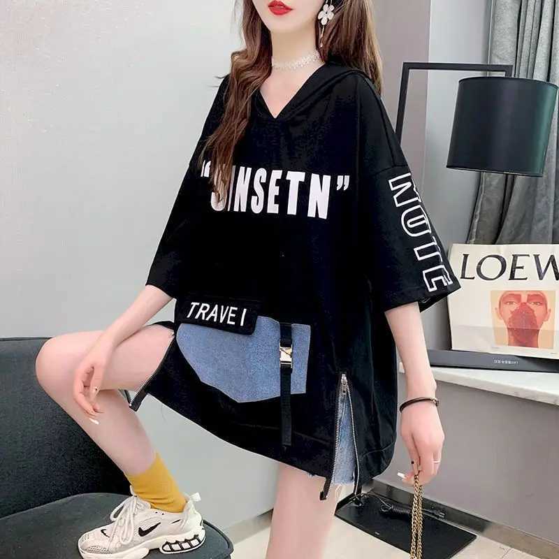 Design Sense Split Short-sleeved T-shirt Women Korean Large Size Five-point Sleeves Hoodie Loose Mid-length Hooded Tops Summer M240912