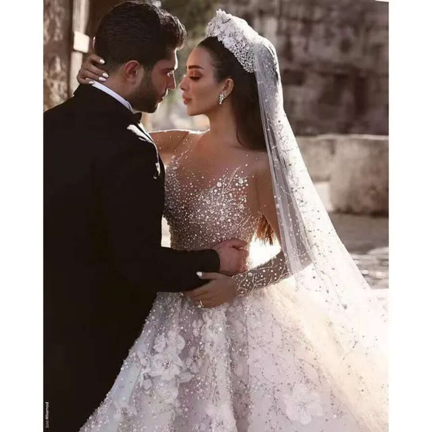 Size Wedding Plus 2023 Beading Bridal Gowns Long Sleeve Crystal Lace Appliqued Sequined Vestidos De Novia Arabic Aso Ebi Urious Beaded Wed Dresses