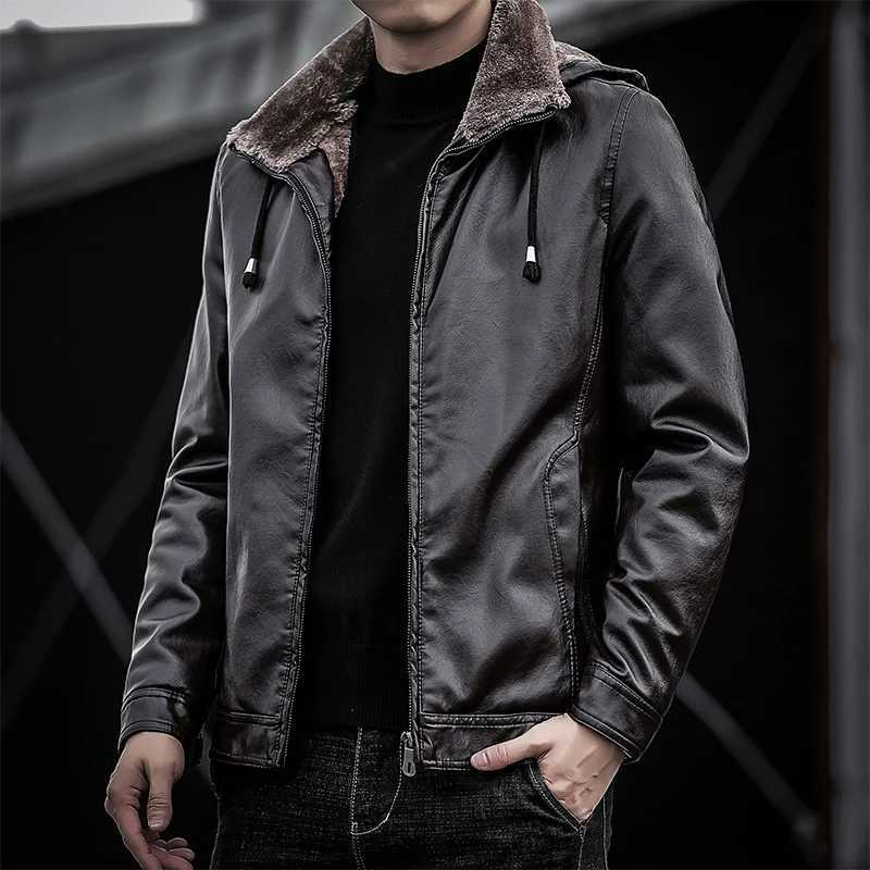 Mens 2024 Winter Warm Faux Leather Jacket Men Solid Long Sleeve PU Leather Coat fur Collar Fit Mens Jacket hooded Coats jacketX240913