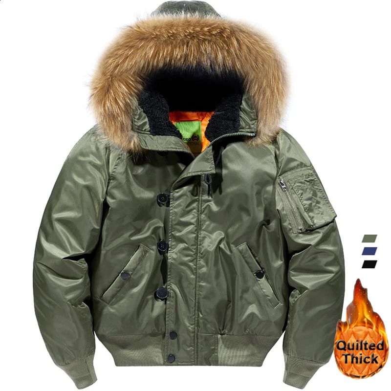 N2B Flight Jackets Men Tactical Winter Parkas Fur Hooded Cotton Padded Bomber Coat US Air Force Thick Thermal Outerwear 240912