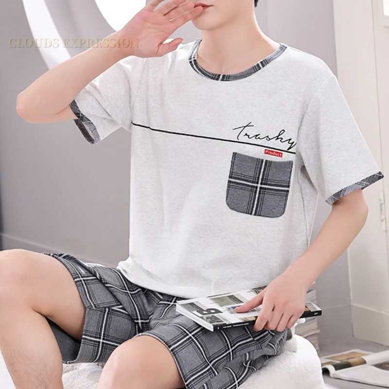Summer 4XL Knitted Cotton Short Sleeved Mens Pajamas Sets Male Pajama Set Plaid Pajama For Men Sleepwear Suit Homewear Size Y240913