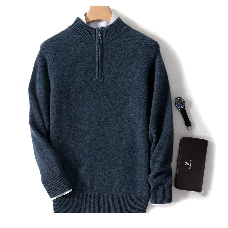 100% cashmere sweater Mens zipper half turtleneck long-sleeved business casual sweater 240912