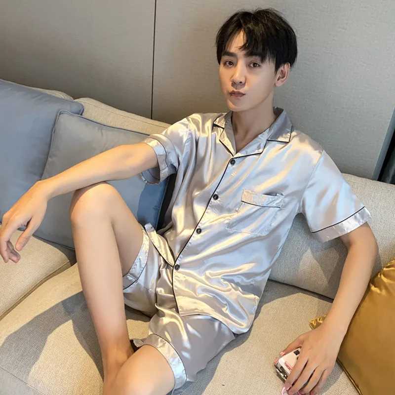 New Summer Men Satin Silk Pajamas Sets Korean Style of T-Shirt Shorts Male Pijama Sleepwear Leisure Plus Size Home Clothing Y240913
