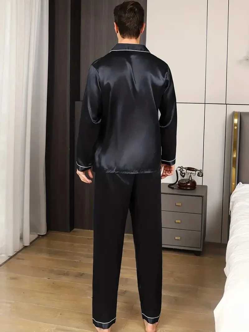 New Men Pajama Sets Spring Silk Satin Solid Color Mens Pajamas Big size Long Sleeve Pants Male Home Suit Sleepwear for Sleeping Y240913