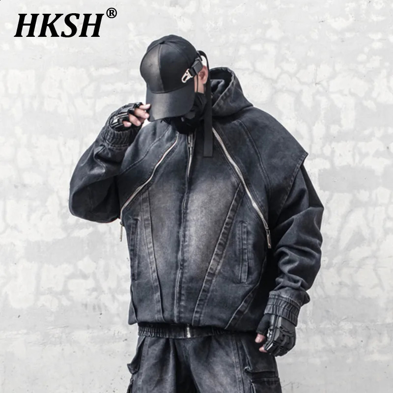 HKSH Mens Dark Structure n Heavy Weight Waste Land Denim Coat TwoPiece Safari Style Zipper Jacket Hooded HK2535 240905