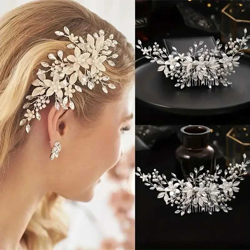 Wedding Tiara Wedding Hair Comb Leaf Flower Bridal Hairpins Pearl Rhinestone Head Jewelry Girls Wedding Crystal Hair AccessoriesX240913
