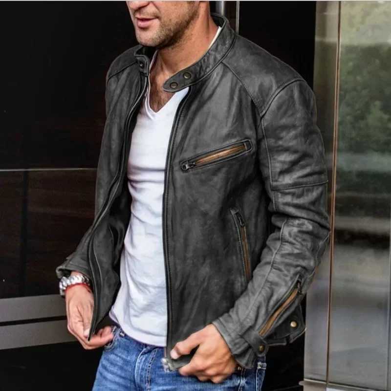 2024 Autumn Mens PU Leather Jackets Men Stand Collar Motorcycle Leather Jacket Male Casual Slim Black Brown Faux Leather OutwearX240913