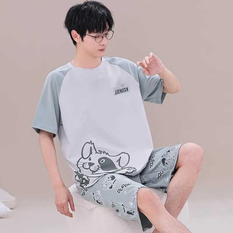 2 Pieces Set Mens Summer Cotton Pajamas Set Short Sleeping Tops Pants Sleepwear Male Casual Nightwear Pijama pyjama night cloth Y240913
