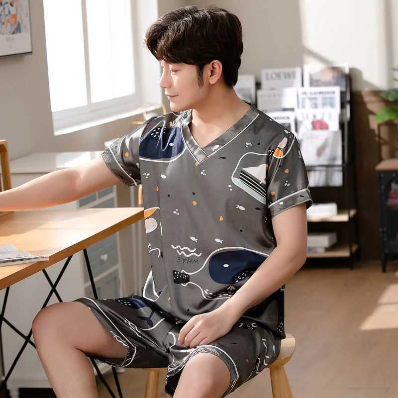 Summer Pajamas 3XL Men Silk Satin Pullover Shorts Two Piece Set Sleepwear Man Pajama Home Clothes Nightwear Men Sleep Lounge Y240913