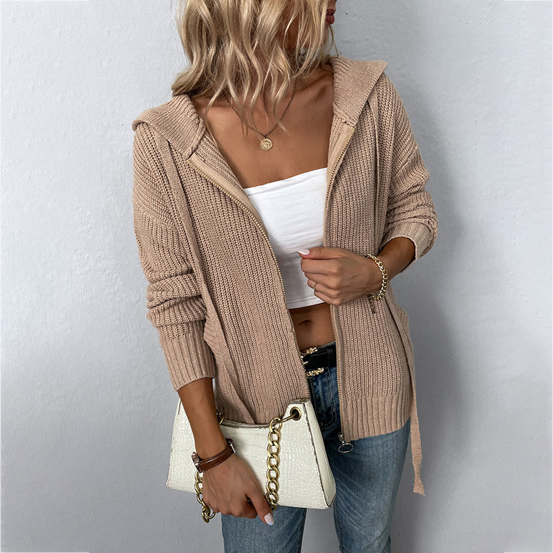 Mao Yu Solid Color Hooded Zipper Knitwear Autumn/Winter New Drawstring Pocket Sweater Women's Cardigan Coat