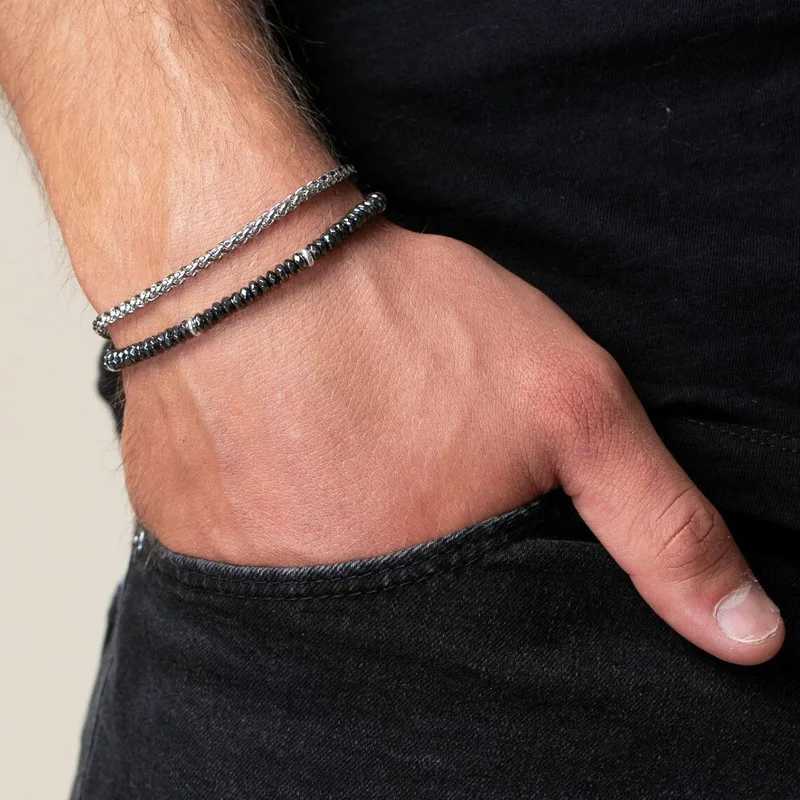 Black Iron Stone Bead Bracelet Simple Mens Double Layer Bracelet Fashion Jewelry Trend Accessories Bracelet For WomenX240913