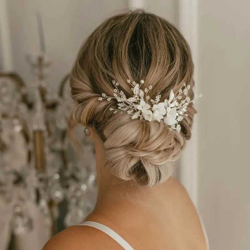 Bridal Rhinestone Ceramic Flower Side Comb Hair Clip Headpiece Wedding Hair Accessory Styling Hair Clip Headband Wedding PartyX240913