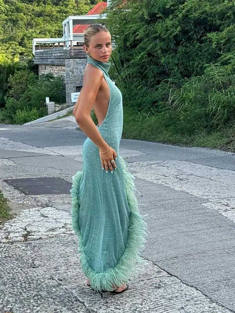 Asymmetric Feather Hem Evening Dress Women Sexy Halter Off Shoulder Sveless Backless Slim Robes Lady Club Party Dresses