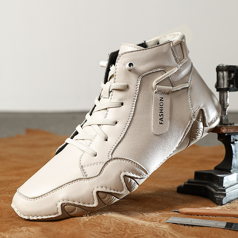 Winter plush casual leather boots, men's high top warm bean shoes, fashionable octopus sole sleeve cotton shoes