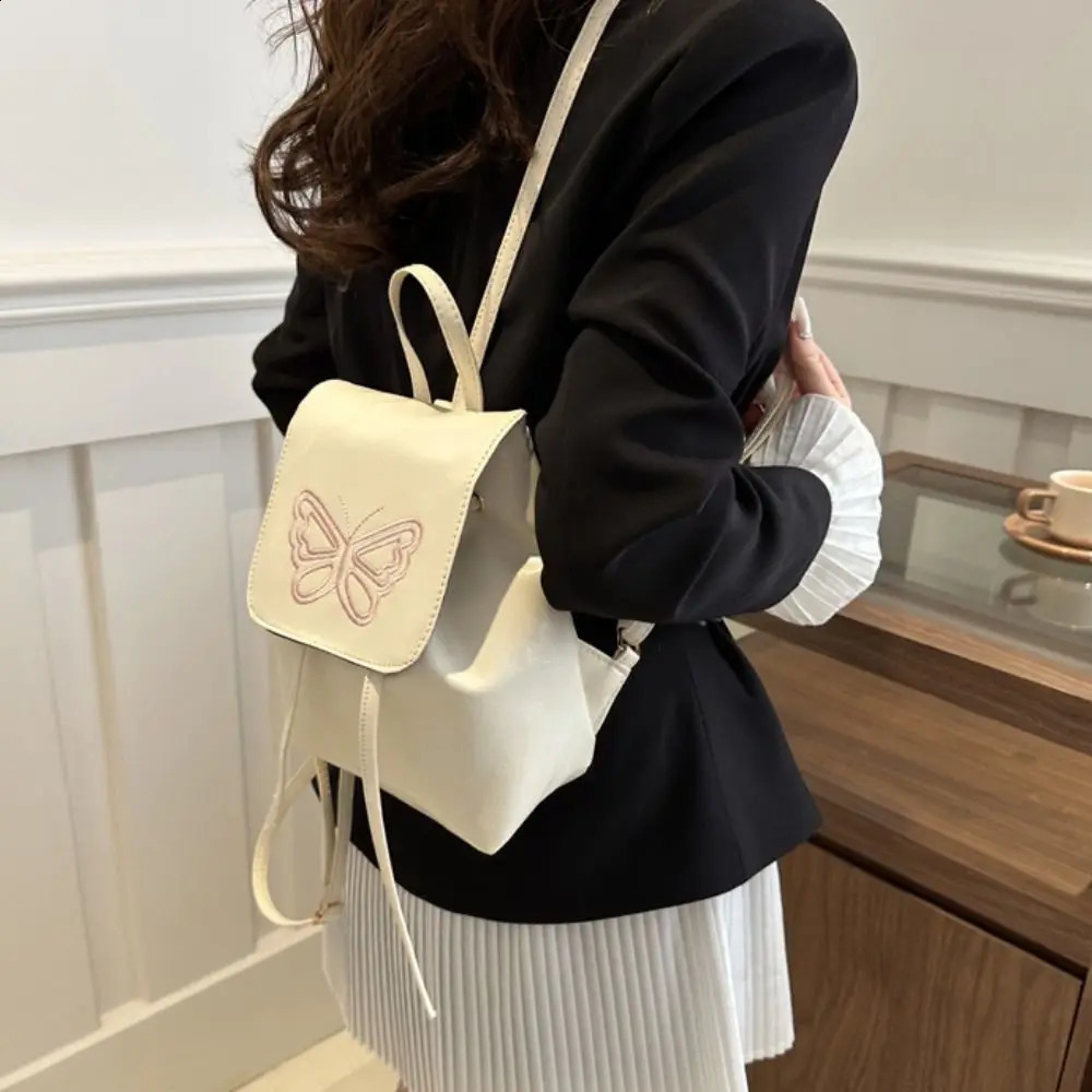 Large capacity Korean square backpack with butterfly pattern Pu leather backpack handbag solid color Y2k school backpack travel 240912