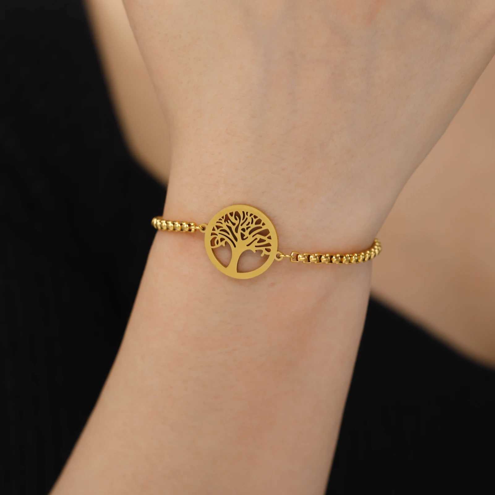 Hip Hop Stainless Steel Box Chain Bracelet Openworked Tree of Life Pendant Bracelet for Men Women Jewelry Party GiftX240913