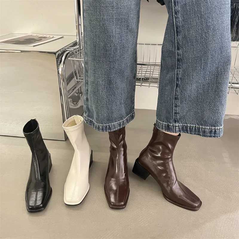 Square Toe Women Ankle Boots Flock Stretch Shoes Thin Mid Heels Black/Brown/Beige Back Zipper Dress Sock Boots Woman Size 35-40 M240912