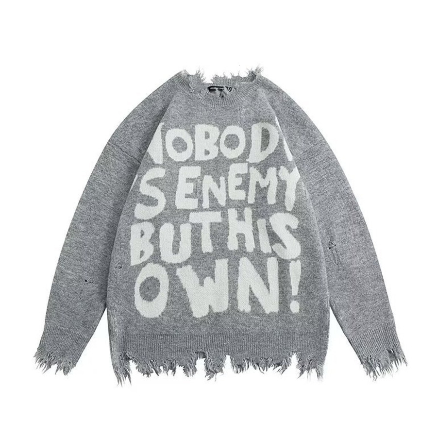 Halloween Men Sweaters Shabby style American distressed letter jacquard rough edge knitted sweater couples thread sweater men and women Mens crew neck