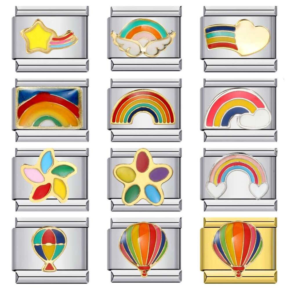 Rainbow Element Beads Welding Enamel Pattern DIY Bracelet Italian Italian Charm Links Stainless Steel Fit 9mm Bracelet Jewelry DIY Making Gifts