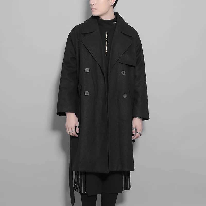 New Style winter fashion mens cloaks and robes individuality belt black wool coat mens coat medium-length Y240913