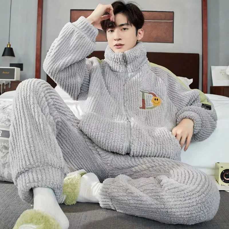 Letter Print Mens Zipper Pajama Sets Coral Fleece Winter Warm Pajamas Male Thick Homewear Stand Collar Thermal Flannel Sleepwear Y240913