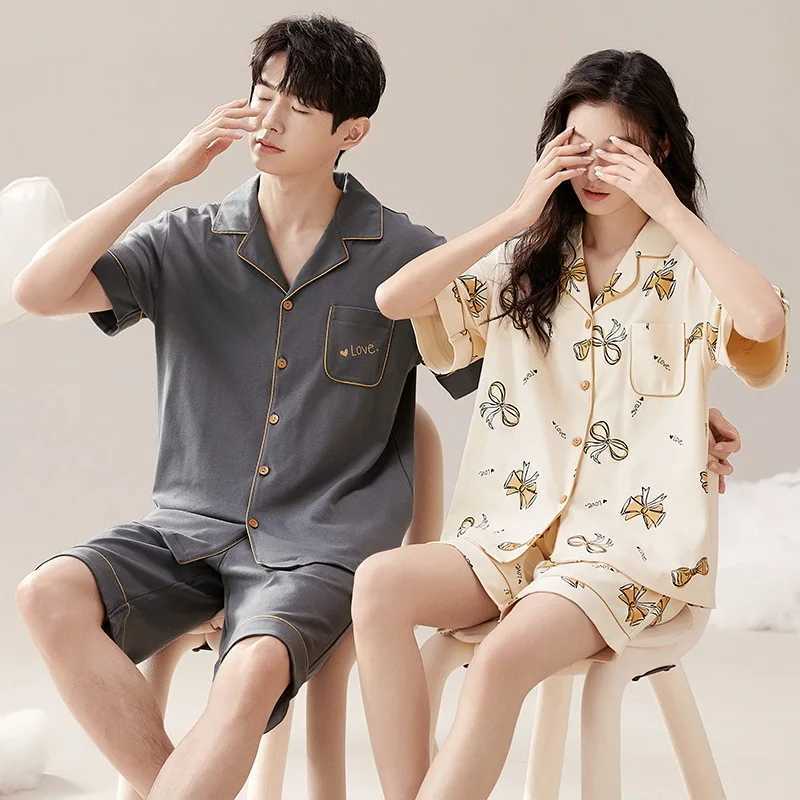 Couple Pajama Sets For Mens Pyjama Loungewear Short Sleeve Sleep Plus Size Pj Trousers Cotton Sleepwear Lover Women Pijamas Y240913