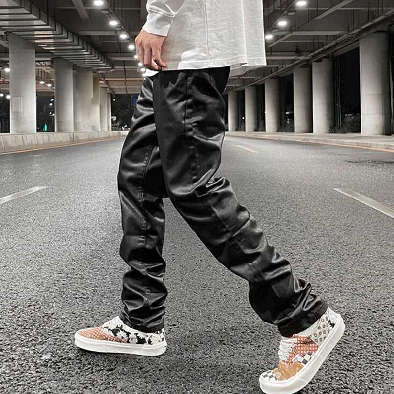 Harajuku Black Jeans Mens Vibe Waxed Casual Trousers Straight Pockets Oversized Pencil Pants Loose Hip Hop Mens Pants M240912