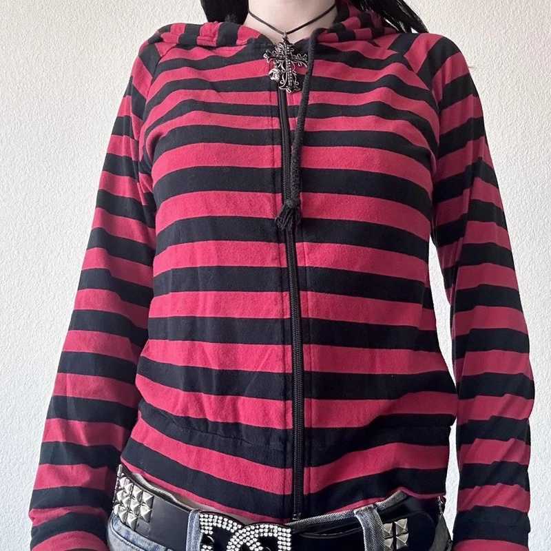 E-girl Gothic Emo Mall Goth Sweatshirts 2000s Retro Y2K Grunge Cyber Scene Striped Zip Up Hoodies Harajuku Jackets Coat Outfits M240912