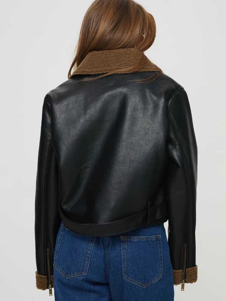 Women's Jackets ZBZA Women PU Leather Warm Locomotive Jacket Coat Lapel Long Slves Oblique Zip Pocket Thick Outerwear Winter New Female Coat Y240