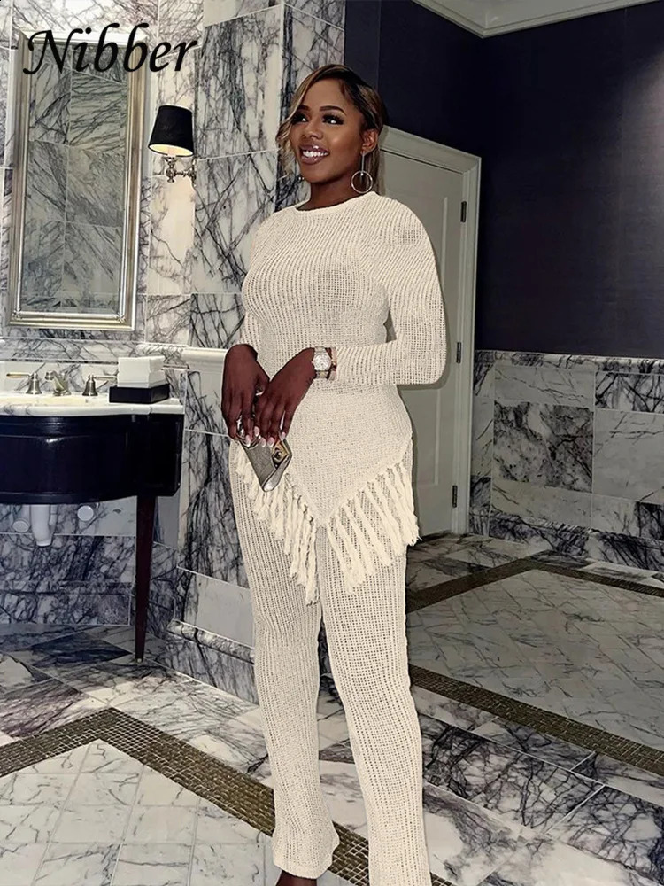 Nibber Autumn Casual Two Piece Set Women Irregular Tassel Chic Top Stretch Flare Pant Female Streetwear Outfits Tracksuit 240910