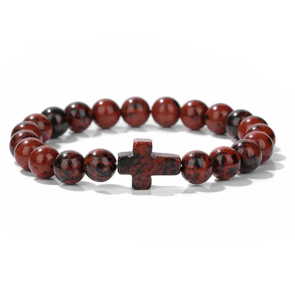 Natural stone cross bracelet for men prayer meditation rose quartz tiger eye agate bead bracelet yoga jewelry for men W240913