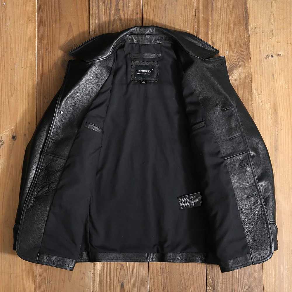 Free shipping.Dermis quality men genuine leather wind coat.wholesale black plus size cowhide jacket.classic casual winter X240913