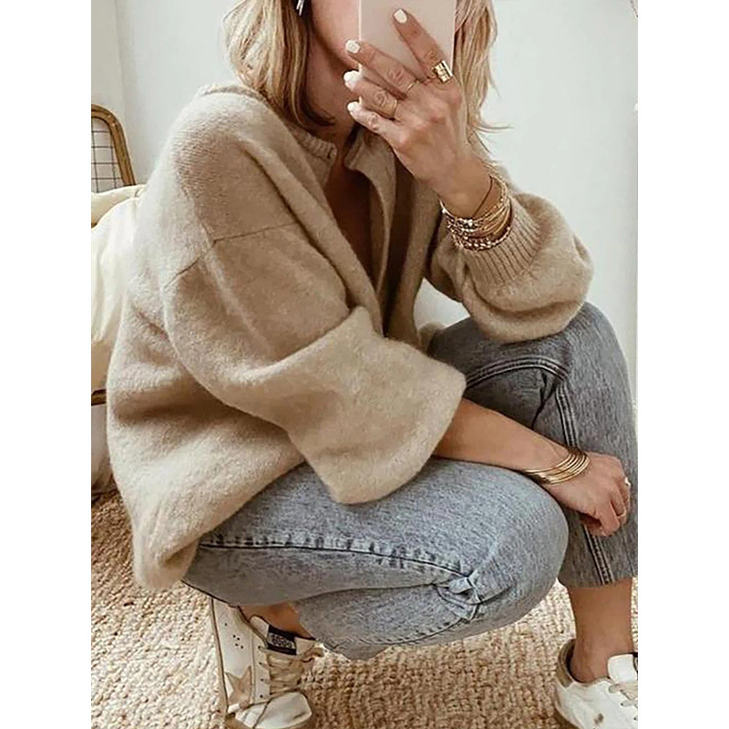 Women's long sleeved knitted cardigan sweater lantern sleeve oversized women's top