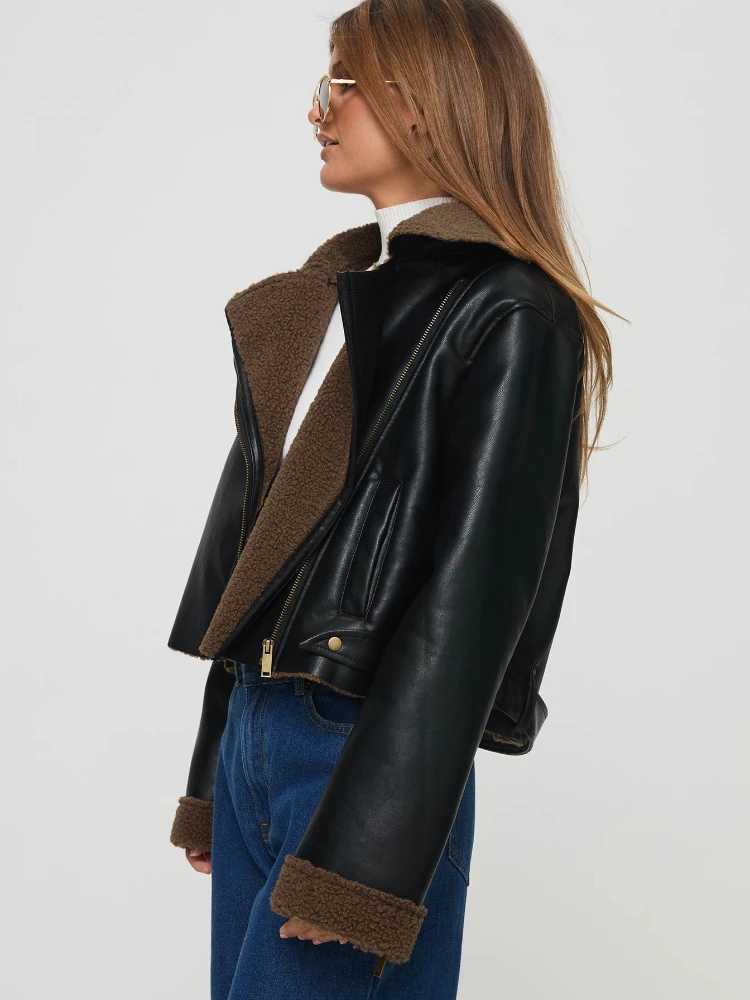 Women's Jackets ZBZA Women PU Leather Warm Locomotive Jacket Coat Lapel Long Slves Oblique Zip Pocket Thick Outerwear Winter New Female Coat Y240