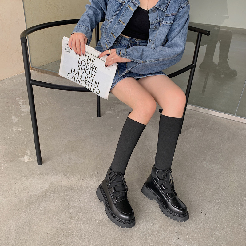 Knitted Stretch sock boots women lace-up long tube riding botas thicken soled stovepipe botte femme slim knee-high botines 2021