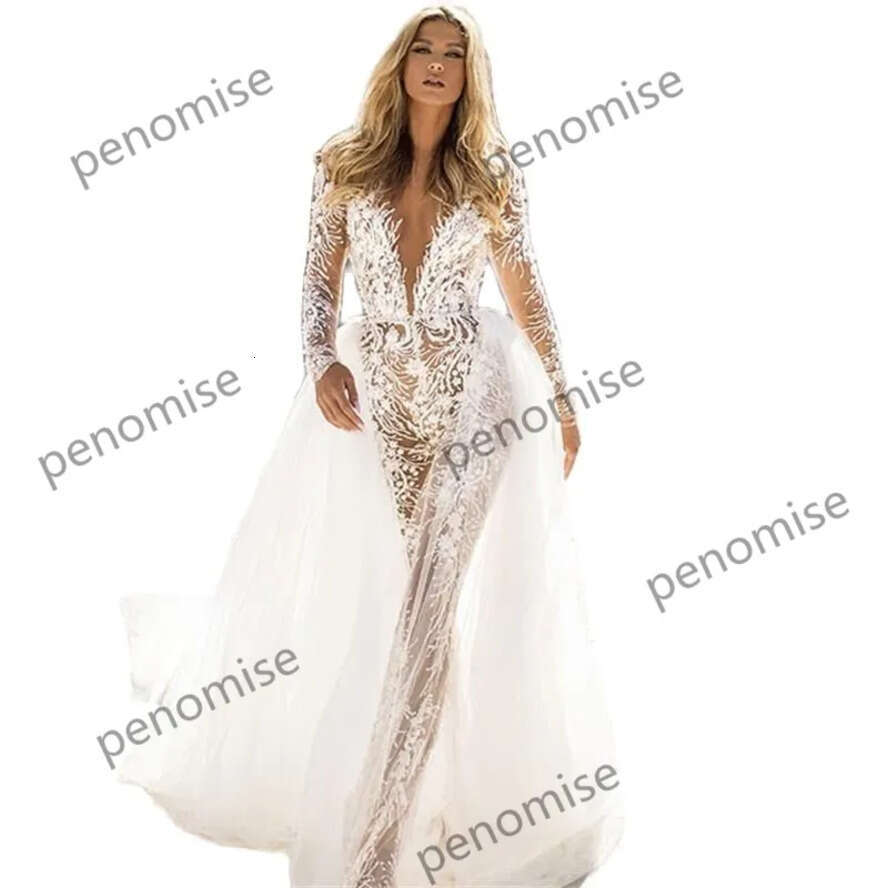 Wedding E A Jumpsuit Dresses Lace Applique Bridal Gowns Long Sleeve With Detachable Train Backless Vestido De Novia Pplique pplique