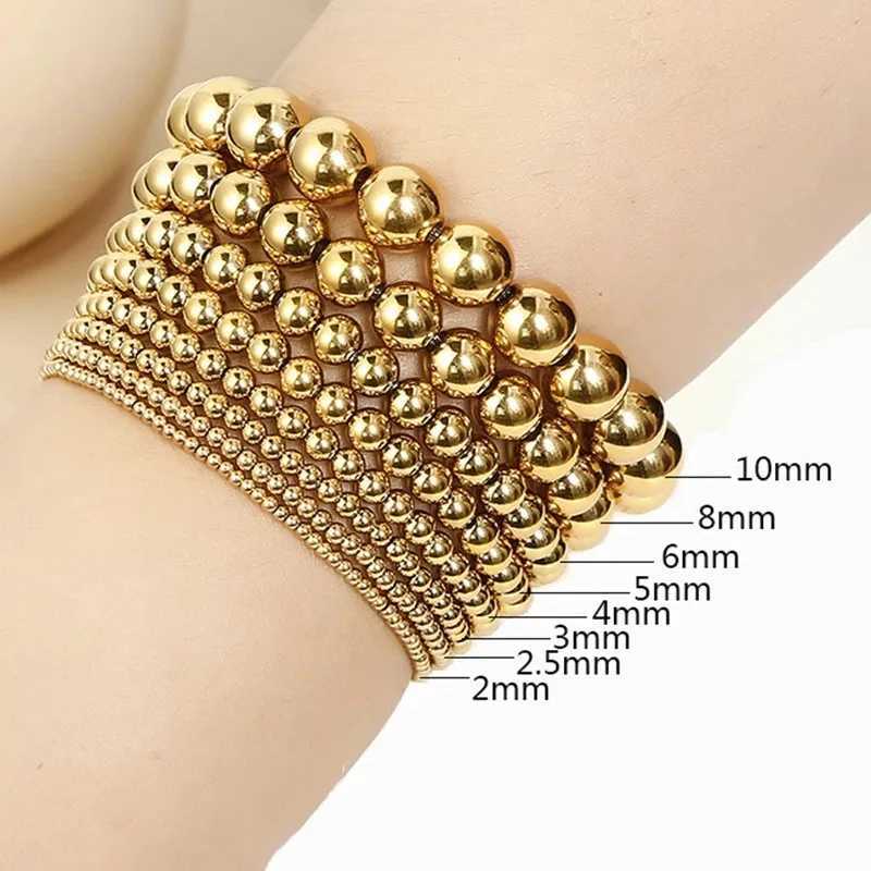 Fashion Jewelry 18K Gold Plated Waterproof Metal Ball High Quality Smooth Diameter 3/4/6/8mm Elastic Stainless Steel Bracelet W240913