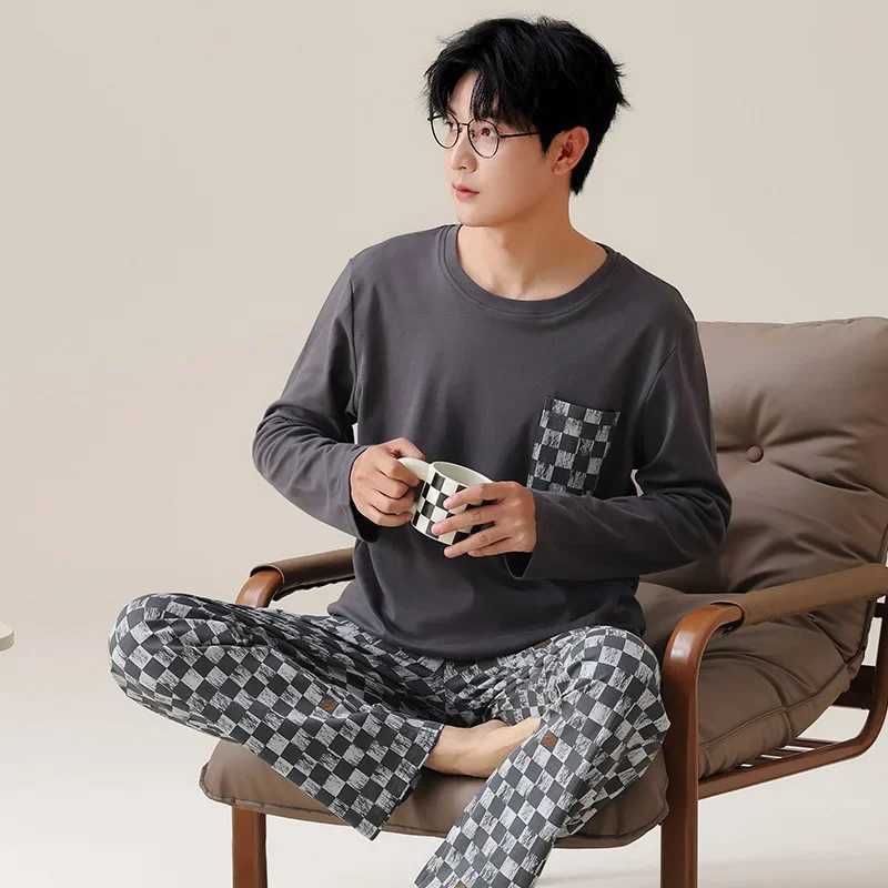 2024 Cotton Homewear for Man Autumn Long Sleepwear Big Size L-3XL Nightwear Korean Fashion Pullover Pajamas Set Young Boy Male Y240913