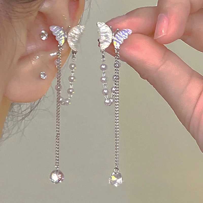 Y2K Fairy Zircon Shell Butterfly Tassel Ear Clips Angel Ear Bone Clip Earring Elf Female Pearl Dangle Earrings Fashion JewelryX240913