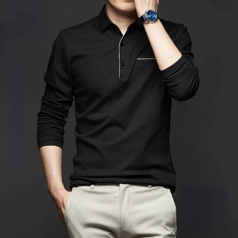Korean Fashion Men Solid Polo Shirts Spring Autumn New T-shirt Streetwear Business Casual Embroidered Loose Long Sleeve Slim TopX240912