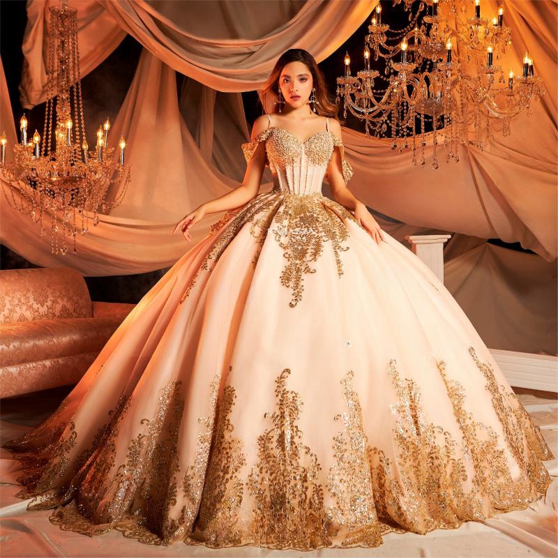 Champagne Off The Shoulder Ball Gown Quinceanera Dresses Sequined Appliques Lace Pleat Tull Corset Sweet 16 Dress Vestidos De XV Anos